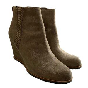 Linea Paolo Suede Leather Wedge Ankle Booties Womens 9M Taupe Shimmer Zipper